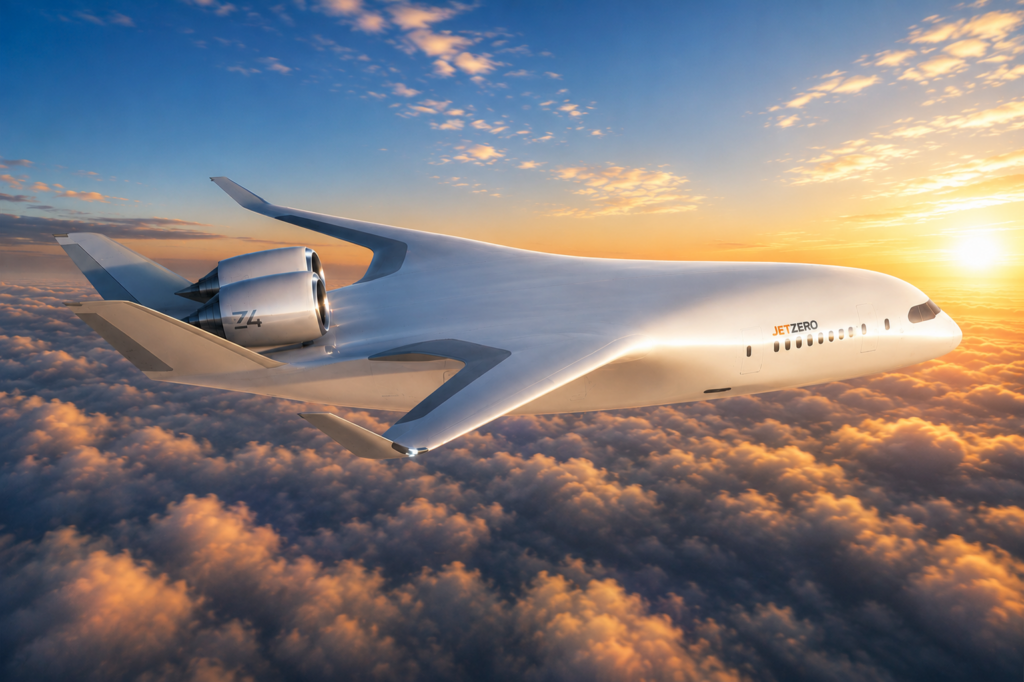 JetZeroが開発する次世代中型旅客機『Z4』のイメージ図。円筒胴体を持たず、翼と胴体を融合させた翼胴融合（BWB）形状が特徴で、標準250席・航続約9,300kmを想定する。